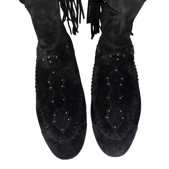 SAINT LAURENT black suede fringe studded moccasin ankle boot EU 39 US 9 boho new - Picture 3 of 10